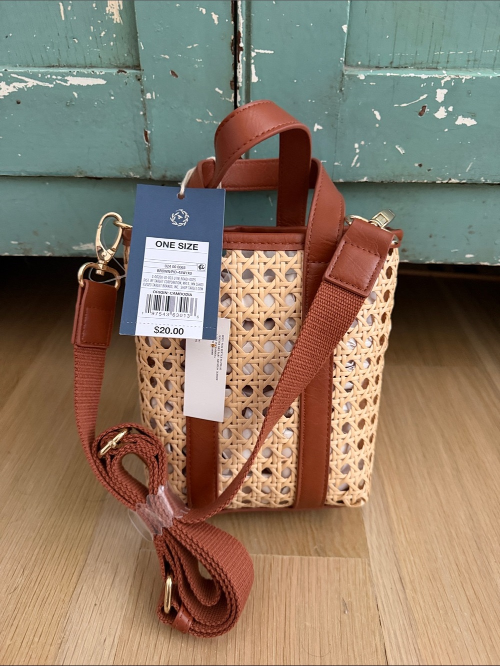 Woven Rattan Crossbody Bag with Brown Trim